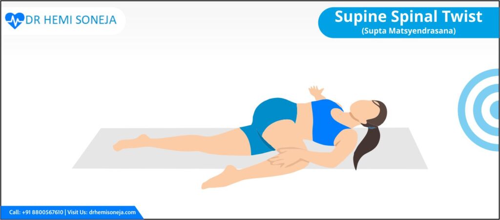 Supine spinal twist (Supta Matsyendrasana) yoga pose for diabetes